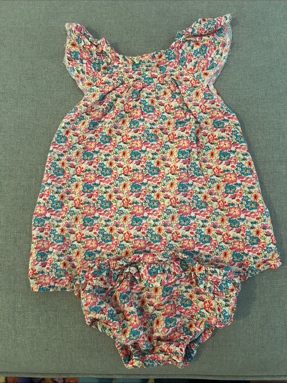 Floral Baby Romper in Pink, Teal & Cream with Bloomers